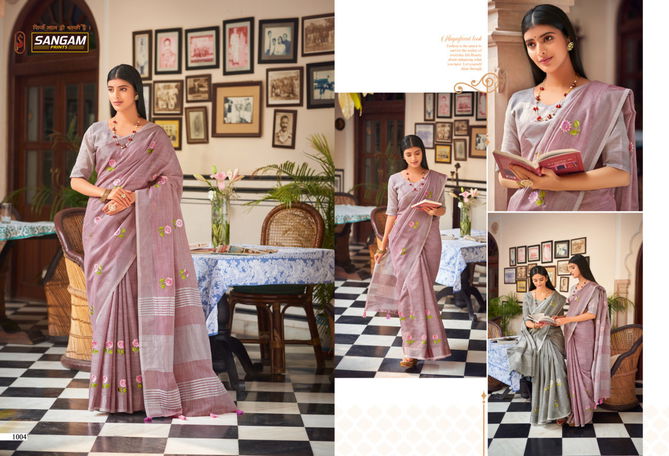 Sangam Nagma Linen Fancy Function Wear Heavy Stylish Embroidered Sarees Collection